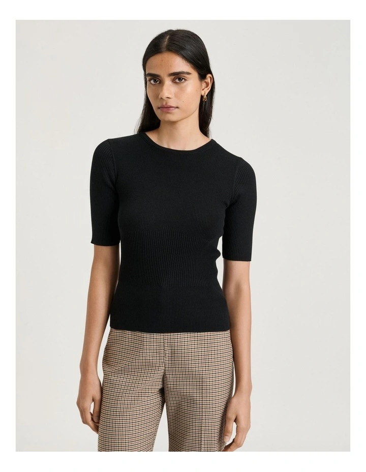 Cotton Silk Blend Crew Neck Ribbed Knit Top in Black image 3