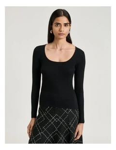 COTTON SILK BLEND SCOOP NECK RIBBED KNIT TOP