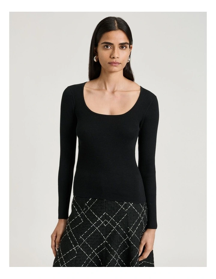 COTTON SILK BLEND SCOOP NECK RIBBED KNIT TOP image 1