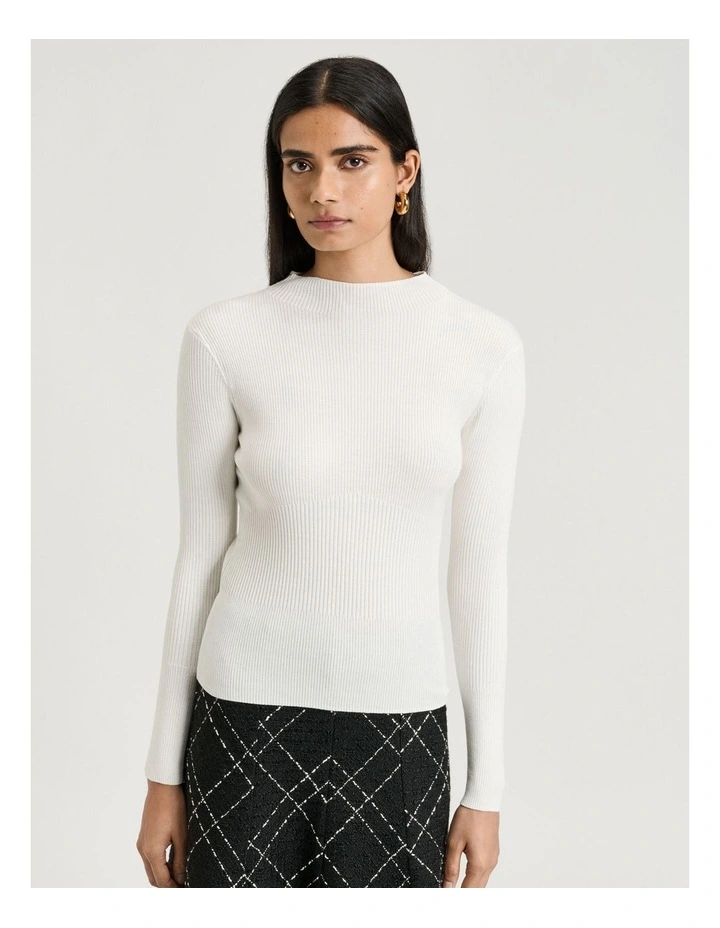 Cotton Silk Blend Funnel Neck Ribbed Knit Top in Ivory image 1
