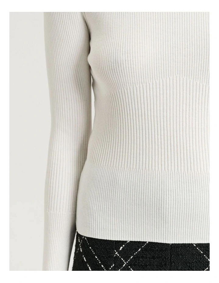 Cotton Silk Blend Funnel Neck Ribbed Knit Top in Ivory image 3