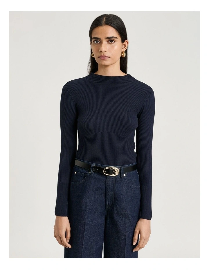 Cotton Silk Blend Funnel Neck Ribbed Knit Top in Navy image 1