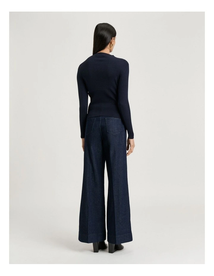 Cotton Silk Blend Funnel Neck Ribbed Knit Top in Navy image 2