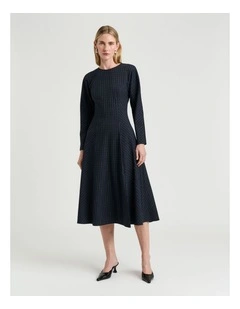 Pinstripe Panelled Midi Dress in Navy