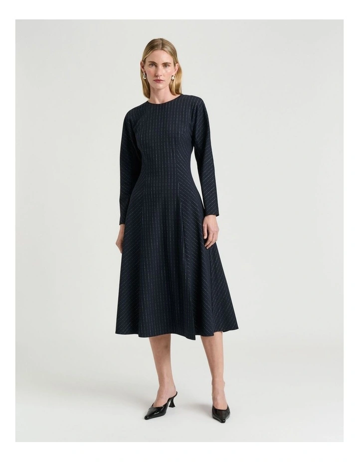 Pinstripe Panelled Midi Dress in Navy image 1