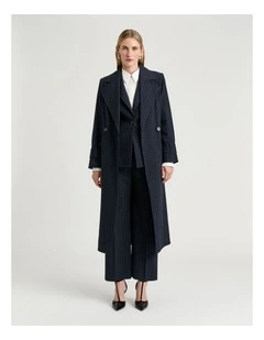 Pinstripe Belted Trench in Navy