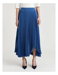 Stretch Crepe Pleated Midi Skirt in Blue