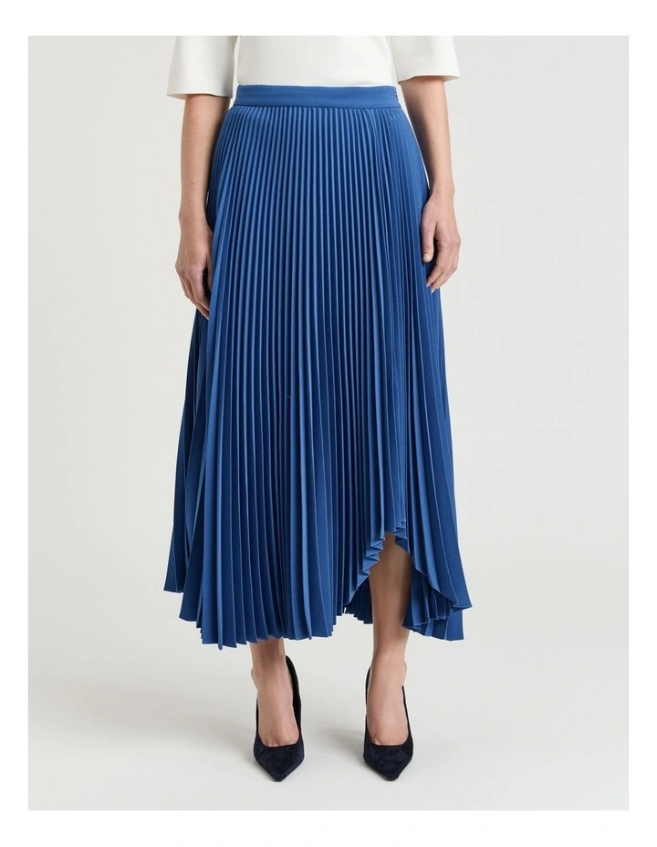 Stretch Crepe Pleated Midi Skirt in Blue image 1
