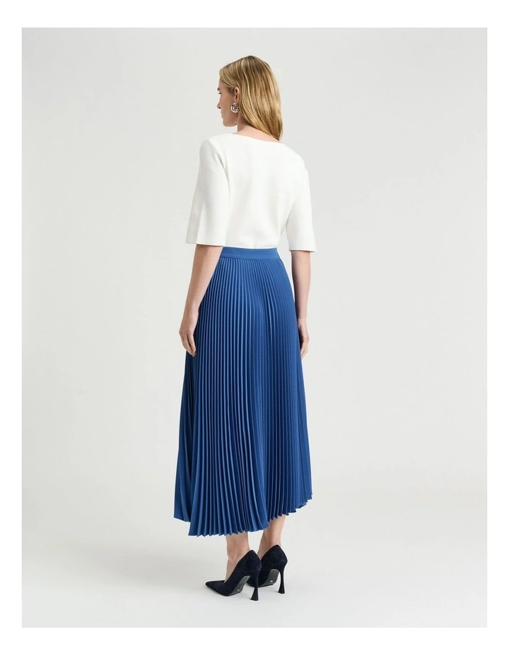Stretch Crepe Pleated Midi Skirt in Blue image 2