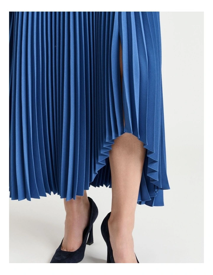 Stretch Crepe Pleated Midi Skirt in Blue image 3