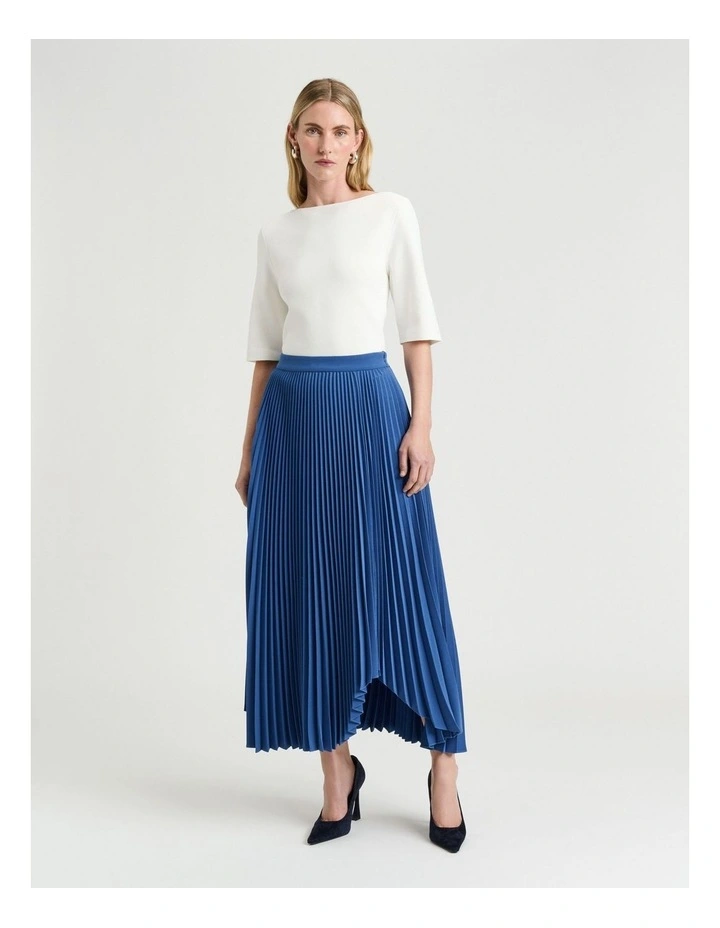 Stretch Crepe Pleated Midi Skirt in Blue image 4