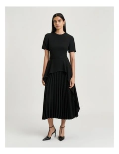 Satin Back Crepe Waterfall Midi Dress in Black