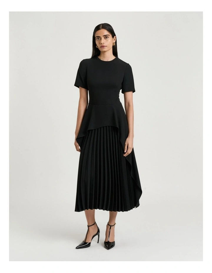 Satin Back Crepe Waterfall Midi Dress in Black image 1