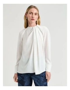 Satin Back Crepe Draped Neck Top in Cream