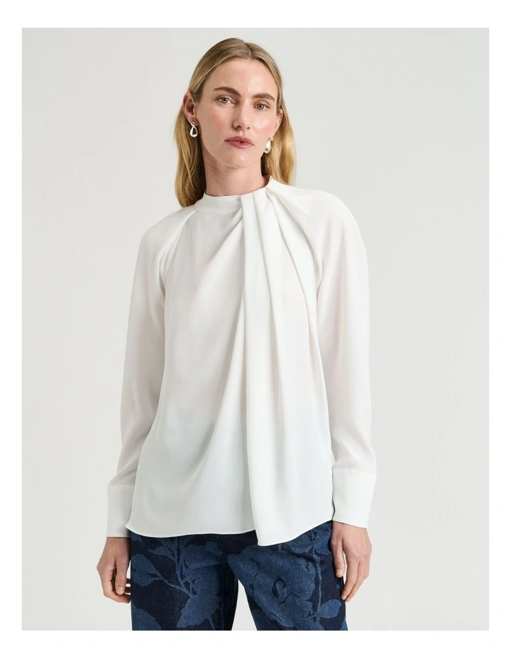 Satin Back Crepe Draped Neck Top in Cream image 1