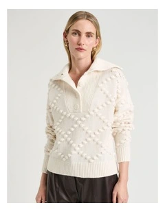 Merino Chunky Bobble Collared Sweater in Cream