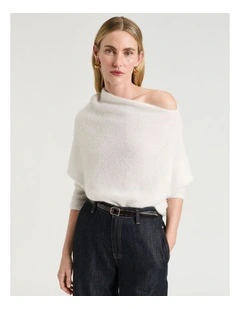 Brushed Alpaca Wool Blend Asymmetric Knit Jumper in Ivory