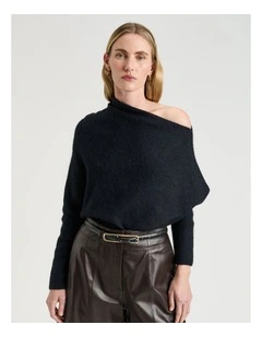 Brushed Alpaca Wool Blend Asymmetric Knit Jumper in Black