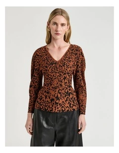 Leopard Jacquard Knit Top in Orange