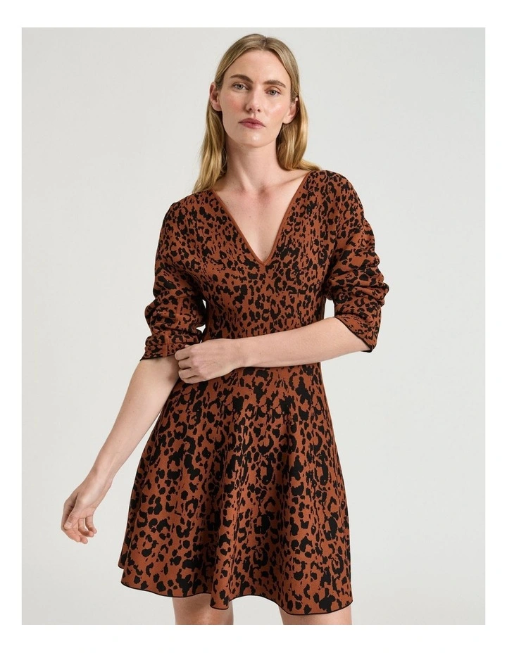 Leopard Jacquard Knit Mini Dress in Brown image 4