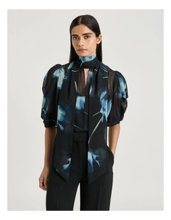 Dusk Poppies Georgette Tie Blouse in Black
