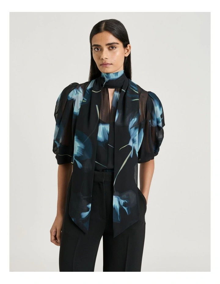 Dusk Poppies Georgette Tie Blouse in Black image 1