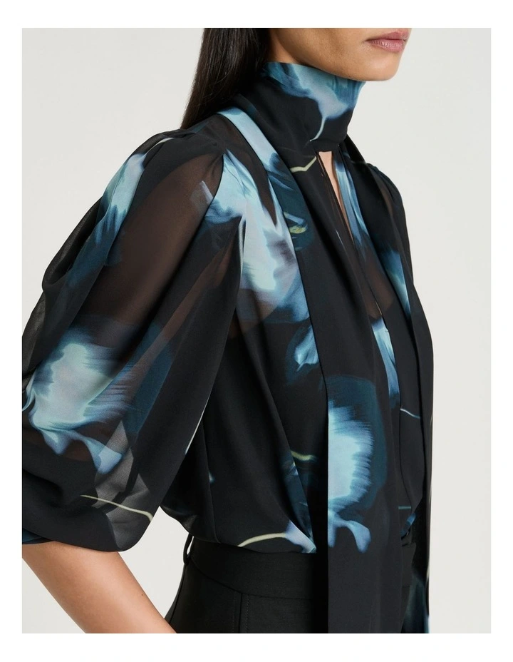 Dusk Poppies Georgette Tie Blouse in Black image 3