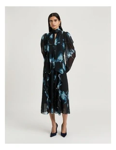 Dusk Poppies Georgette Midi Dress in Black