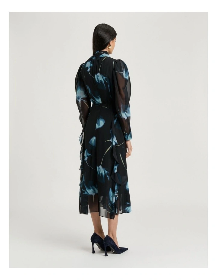 Dusk Poppies Georgette Midi Dress in Black image 2