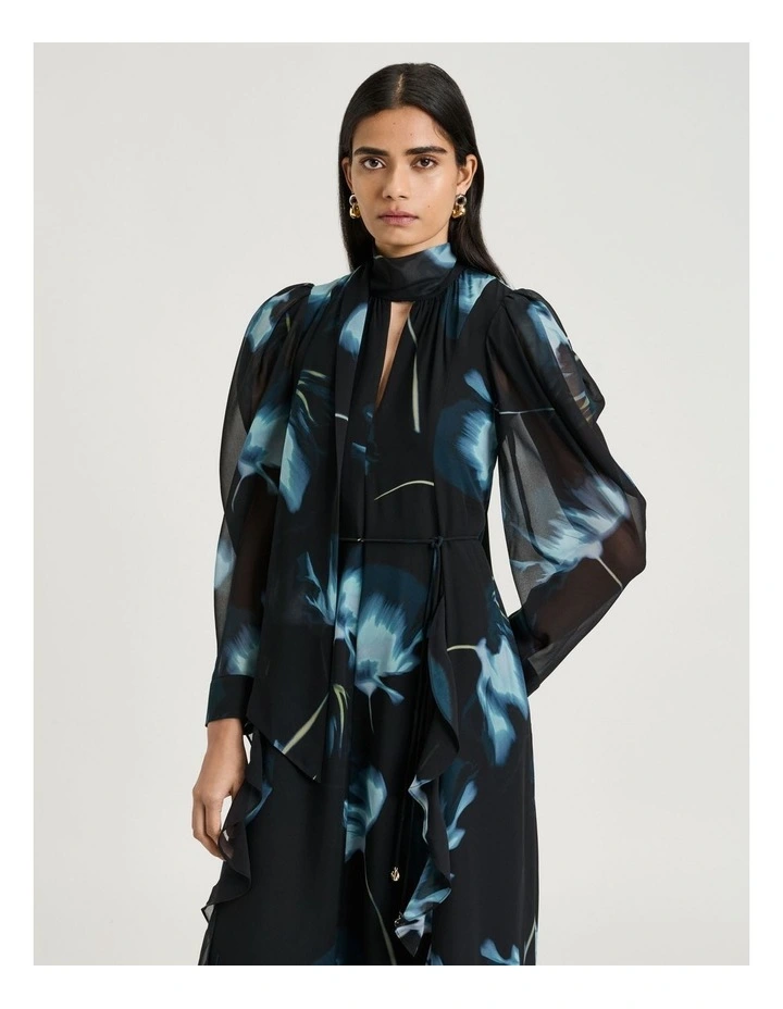 Dusk Poppies Georgette Midi Dress in Black image 3