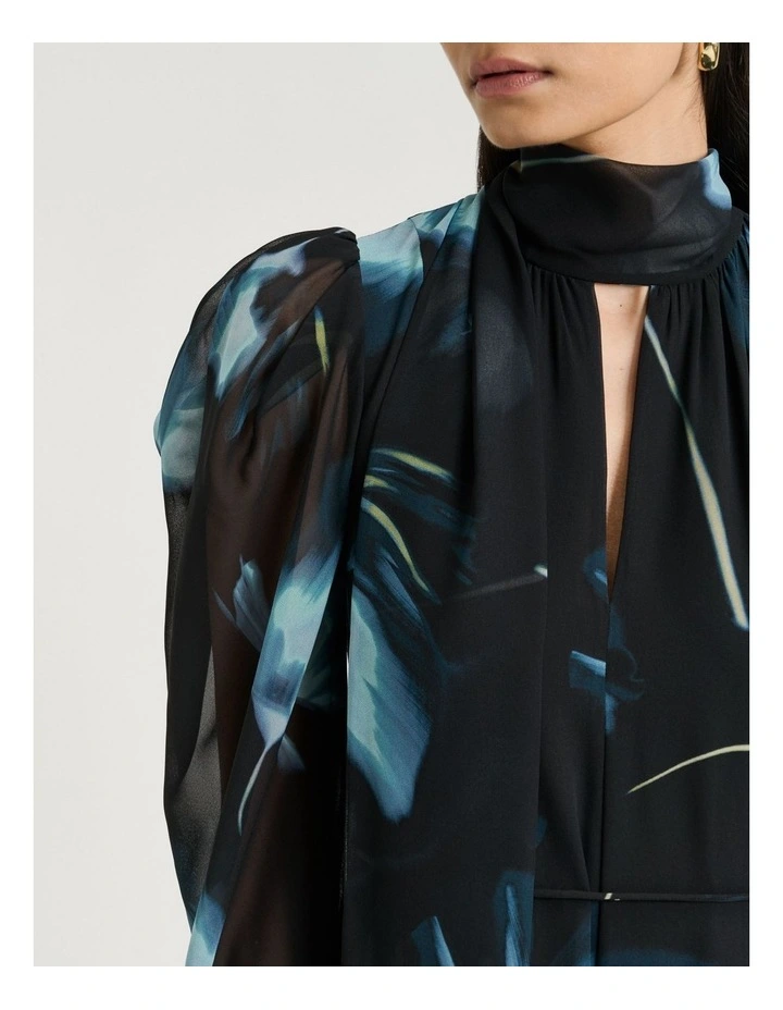 Dusk Poppies Georgette Midi Dress in Black image 4