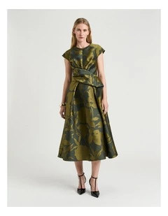 Shadow Floral Jacquard Draped Midi Dress in Green
