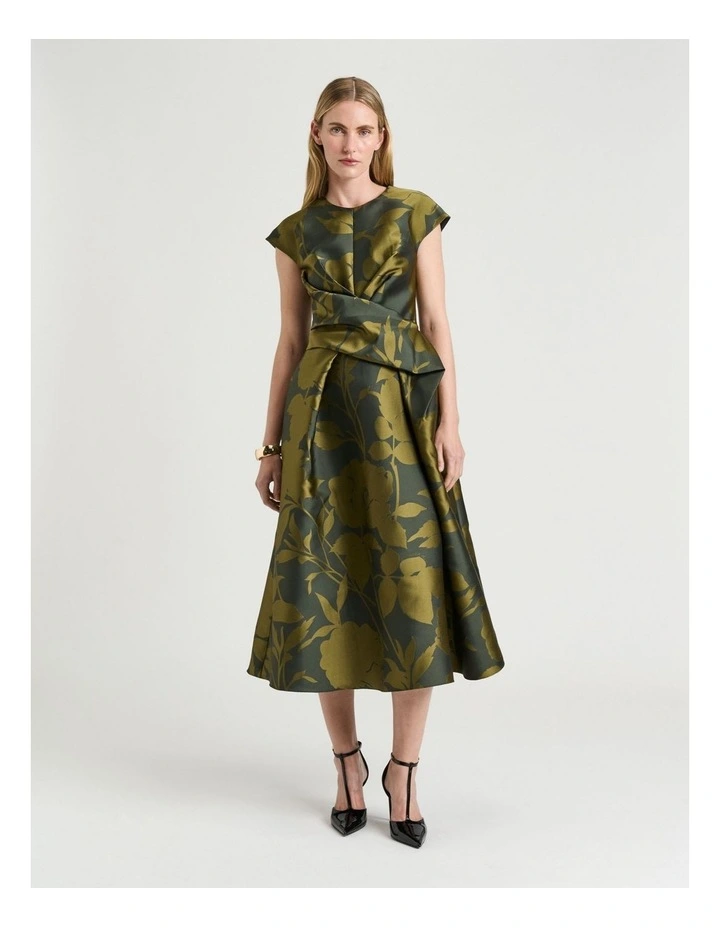 Shadow Floral Jacquard Draped Midi Dress in Green image 1