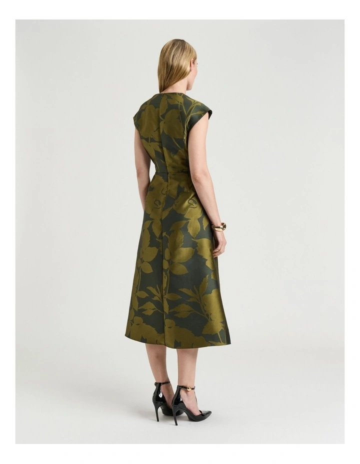 Shadow Floral Jacquard Draped Midi Dress in Green image 2