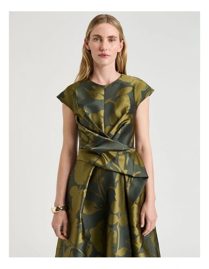 Shadow Floral Jacquard Draped Midi Dress in Green image 3