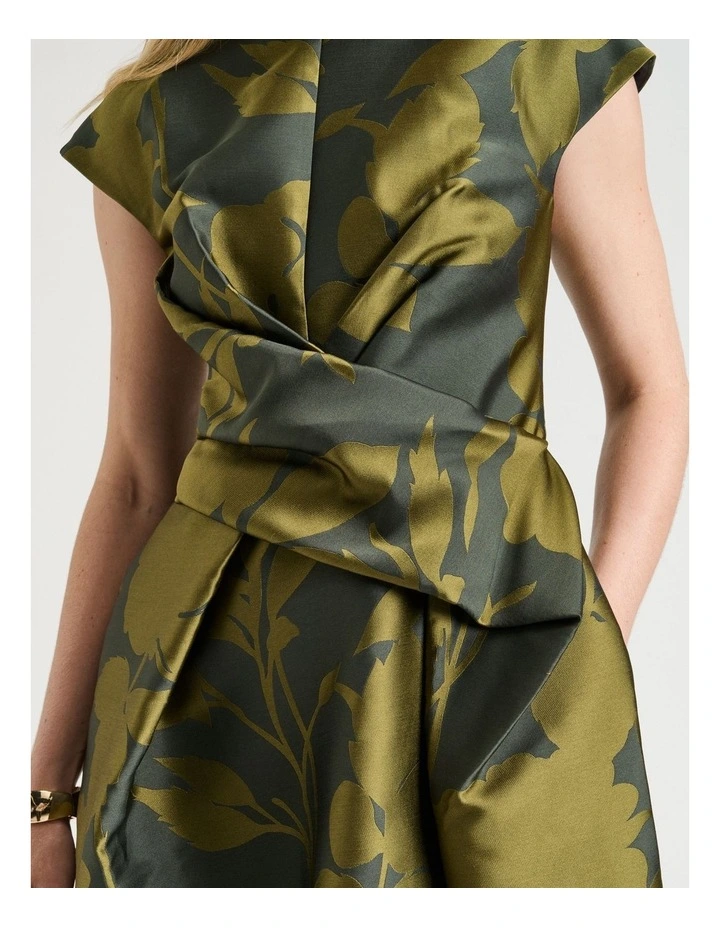 Shadow Floral Jacquard Draped Midi Dress in Green image 4