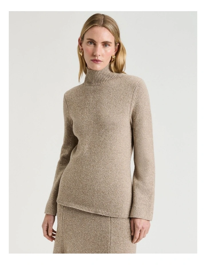 Merino Silk Blend Textured Funnel Neck Sweater in Oatmeal image 1