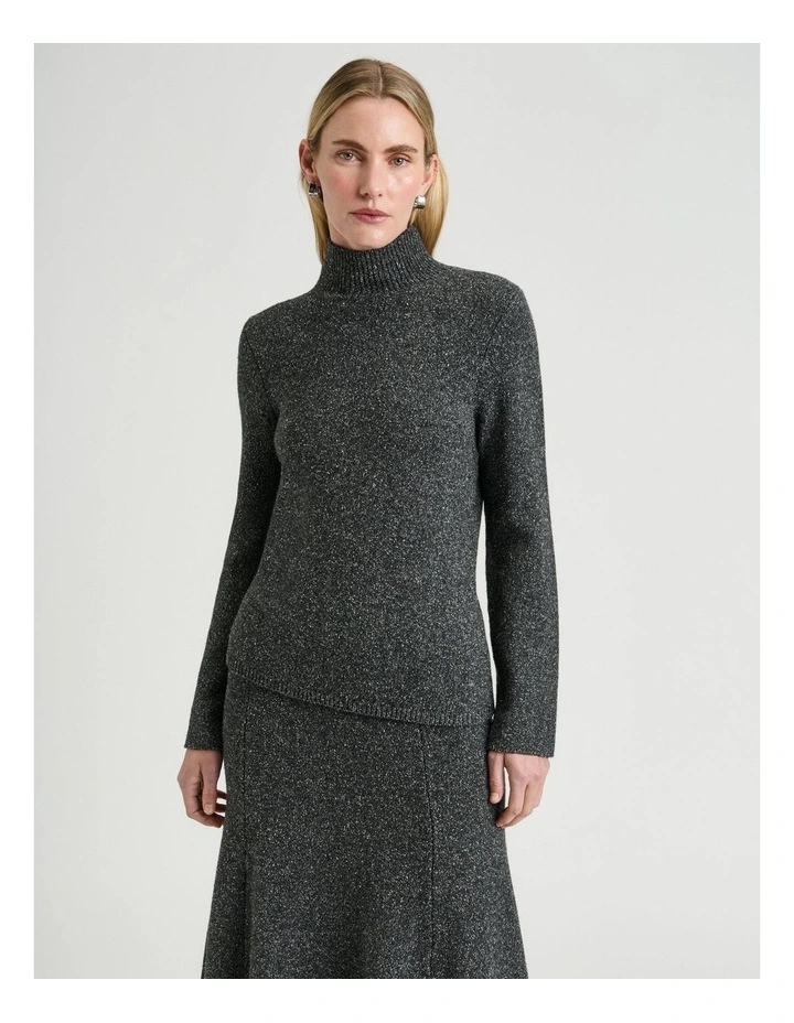 Merino Silk Blend Textured Funnel Neck Sweater in Charcoal image 1