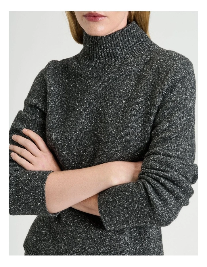Merino Silk Blend Textured Funnel Neck Sweater in Charcoal image 3