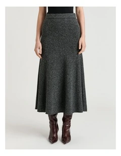 Merino Silk Blend Textured Knit Flared Skirt