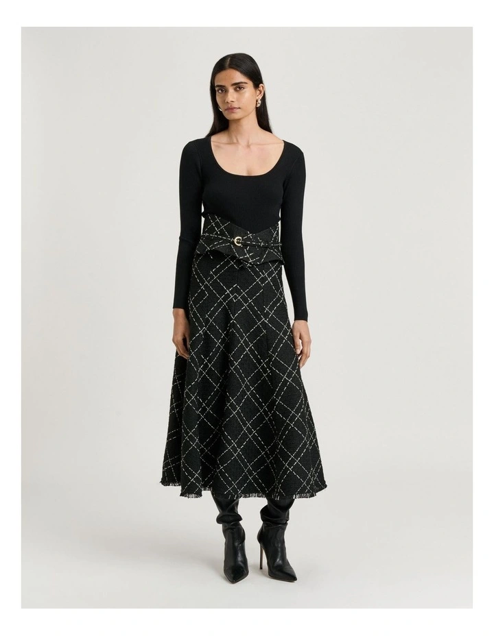 Wide Check Tweed Waist Cincher Belt in Black image 4