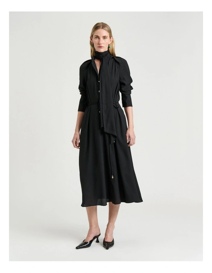 Satin Back Crepe Tie Neck Shirtdress in Black image 1