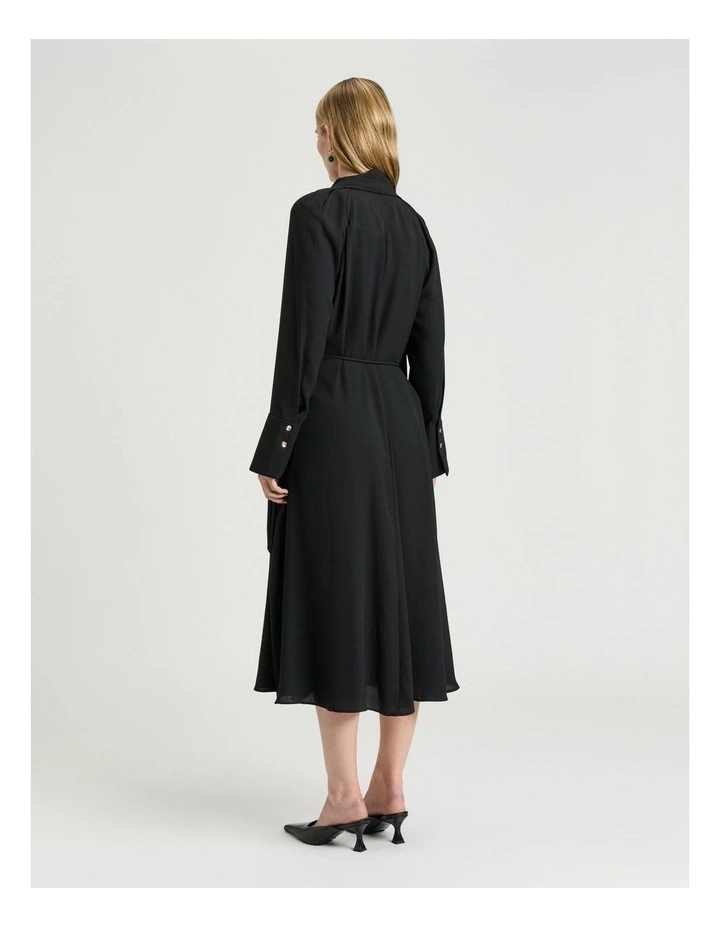 Satin Back Crepe Tie Neck Shirtdress in Black image 2
