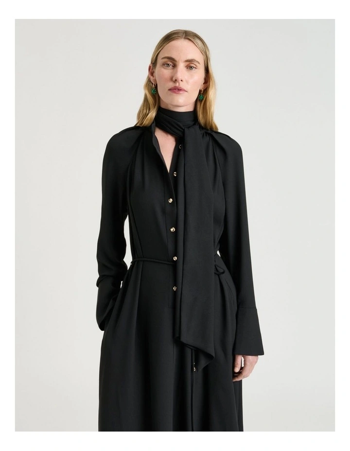 Satin Back Crepe Tie Neck Shirtdress in Black image 3