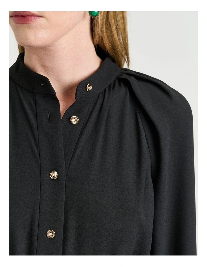 Satin Back Crepe Tie Neck Shirtdress in Black image 4