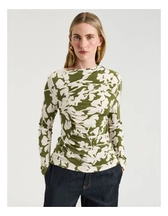 Etched Floral Drapey Jersey Crepe Top in Avocado