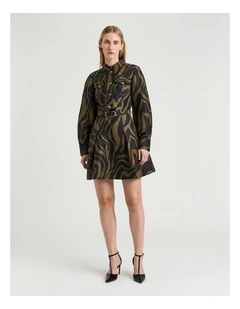 Abstract Zebra Linen Viscose Shirtdress in Black