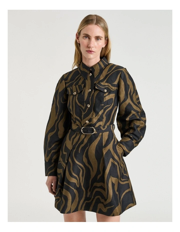 Abstract Zebra Linen Viscose Shirtdress in Black image 3