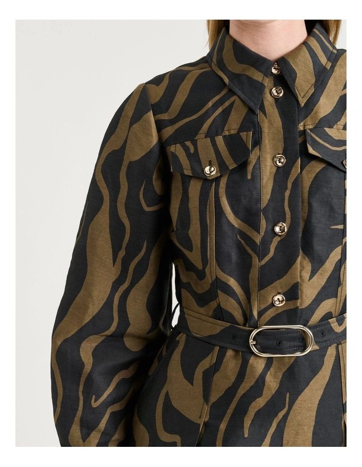 Abstract Zebra Linen Viscose Shirtdress in Black image 4