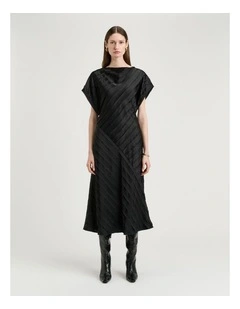 STRIP SATIN BIAS MIDI DRESS